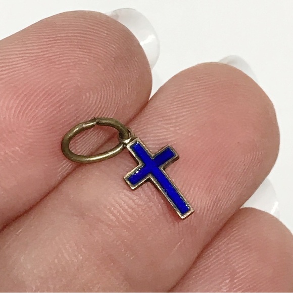 Vintage Tiny Blue Enamel Italian Cross Catholic Necklace Bracelet Pendant Charm - Picture 3 of 14
